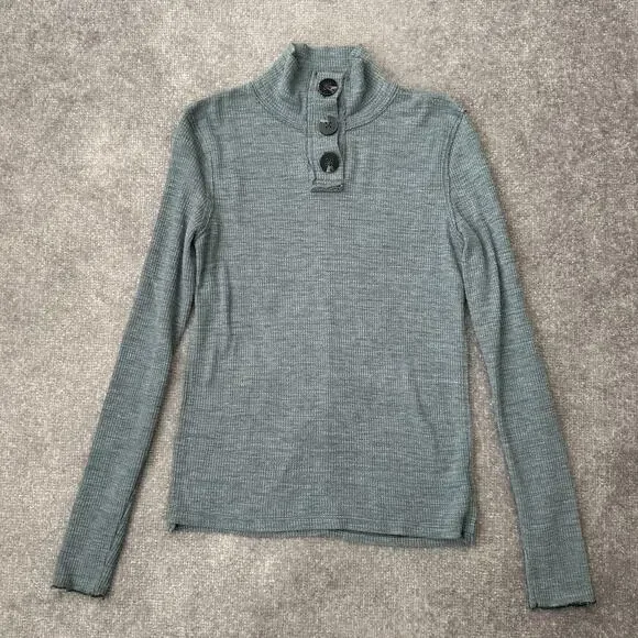 We The Free Sweater Womens Small Green Waffle Knit Henley Button Mock Neck - Picture 1 of 7